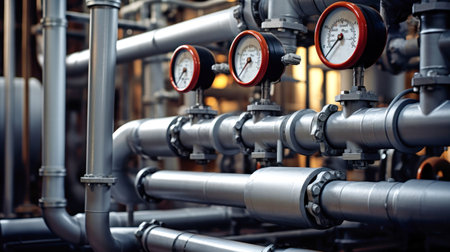 Pipeline and pipe rack of an oil, chemical, hydrogen or ammonia industrial plant. Distribution of liquid along the main pipeline. Close-upの素材