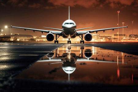 An passengers with airplane takes off from a modern airport in the evening at sunsetの素材
