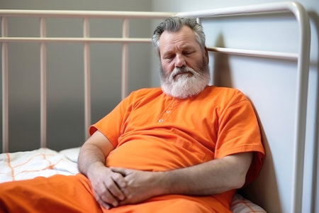 Elderly criminal in orange uniform sits on prison bed and thinks about freedom. Prisoner serves imprisonment term in jail cell. Guilty inmate in detention center or correctional facilityの素材