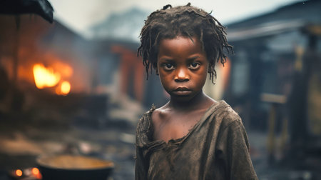 Portrait of a dark-skinned girl in the slums. A little girl looks at the camera with sad emotions. The problem of hunger and poverty in Africaの素材