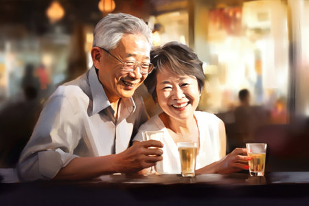 An elderly gentleman smiles seductively at a woman at a bar. flirty flirting sexuality, affection, lifestyle party drinking restaurant communication couplesの素材