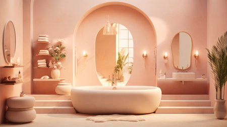 Luxurious modern home bathroom interior with rich interiors, white marble, flowers, freestanding bathtub, mirrors and accessoriesの素材