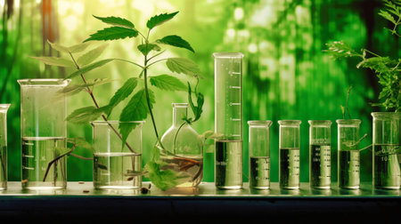 Rack with various laboratory equipment and leaves. Cosmetics laboratory. Flasks and test tubes for studying the properties of plantsの素材