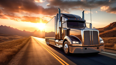 A semi-truck with a cargo trailer drives along the highway, transporting cargo in the evening. Delivery and logistics concept. Transportation of goods over long distancesの素材