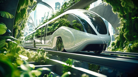 A high-speed train enters a futuristic train station, symbolizing the concept of rail transport infrastructure. City train of the future.の素材