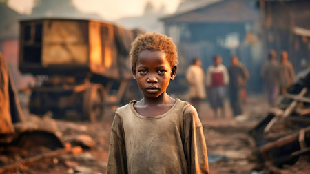 Beggar child. Concept of hunger and injustice in the world. Slums and a hungry dirty child.の素材