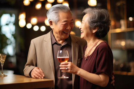 An elderly gentleman smiles seductively at a woman at a bar. flirty flirting sexuality, affection, lifestyle party drinking restaurant communication couplesの素材