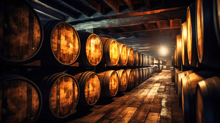 Winery, wine cellar with wooden wine barrels. Wine barrel storage, wine, barrel, alcohol, drinks and drinking. Cognac, brandy, whiskey in oak barrels.の素材