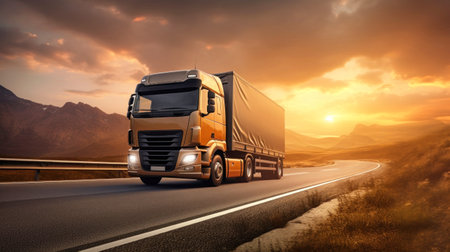 Stunning image of a semi-trailer driving down the highway during sunset. This painting captures the beauty of the golden hour and the feeling of movement on the road. Road transportation conceptの素材