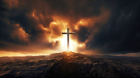The Holy Cross, symbolizing the death and resurrection of Jesus Christ, with the sky above Golgotha shrouded in light and clouds. Easterの素材