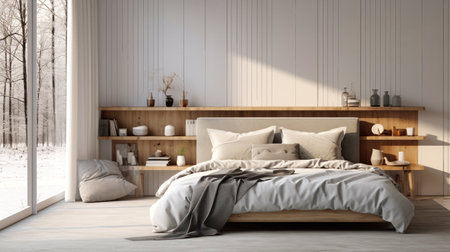 White pillows on a wooden bed in a minimal bedroom interior with plants and accessories. Scandinavian styleの素材
