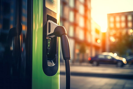 Charging station for recharging the battery with electricity using an EV charging cable in an evening city street. Innovative electric vehicle and energy sustainabilityの素材