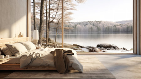 White pillows on a wooden bed in a minimal bedroom interior with plants and accessories. Scandinavian styleの素材