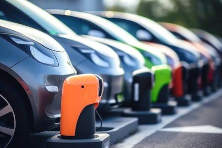 Car charging station in front of architectural office buildings - suburban charging station for car sharing. Ecology of the cityの素材