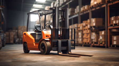 A forklift lifts cargo onto racks in an industrial warehouse. Forklift for warehouse and industryの素材