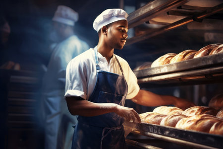 A worker at a bakery takes fresh bread out of the oven. Industrial productionの素材
