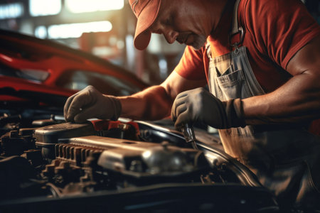 A mechanic in a workshop diagnoses and repairs the engine and car systems. Car repair and diagnostics in the garage. Modern car service. Brutal worker mechanicの素材