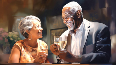 The concept of an active social lifestyle for older people. An elderly dark-skinned couple drinks alcoholic drinks in a bar or restaurant. Lovers enjoying happy hour at the barの素材