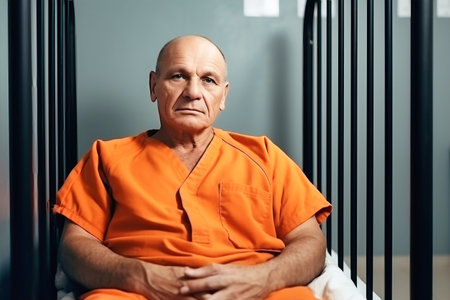 Elderly criminal in orange uniform sits on prison bed and thinks about freedom. Prisoner serves imprisonment term in jail cell. Guilty inmate in detention center or correctional facilityの素材