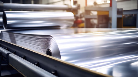 Large aluminum coils. Modern aluminum production machine, business concept and industrial concept. Selective focus. Close-upの素材