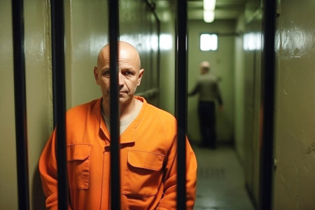 An elderly criminal in an orange uniform sits on a prison bed and thinks about freedom. A guilty prisoner in a pre-trial detention center or correctional facilityの素材