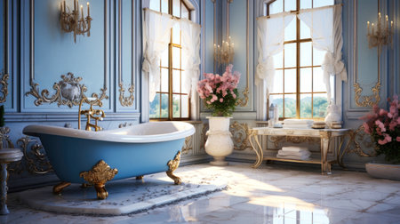 view of a bright bathroom interior with a bathtub, panoramic window, concrete floor, luxury walls, mirror, sink and sideboard. Hygiene and spa procedures conceptの素材