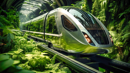 An electric monorail powered by clean energy, the train speeds through a city surrounded by plants and trees. Renewable energy and climate change concept.の素材