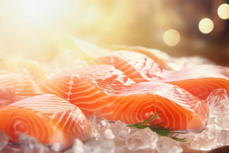 Fresh salmon or trout fish fillet on ice, ready for cooking. Storing fresh chilled fish. Close-upの素材