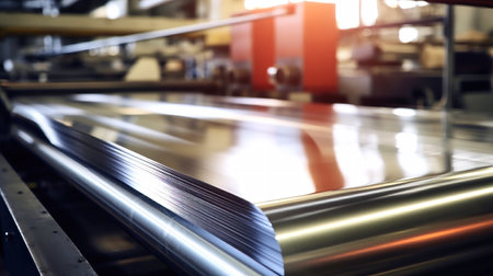 A rolling mill press machine produces a sheet of metal from a block of aluminum. Heavy metal rolling equipment. Selective focus.の素材