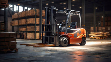 Forklift for transporting and lifting loads. Pallets with boxes and containers in a goods warehouseの素材