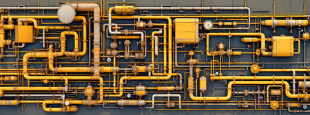 Industrial concept. Pipeline in a factory - valves, tubes, pressure gauges, thermometers. View from above. pipes, flow meter, water pumps and valves of the heating and gas supply systemの素材