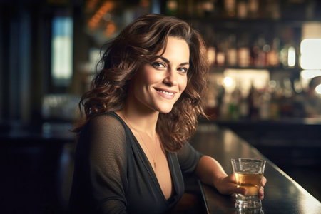 Beautiful young woman sitting at a bar with a glass of whiskey in a luxurious interior. Blurred background. A woman is relaxing in a bar with a glass.の素材