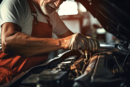 A mechanic in a workshop diagnoses and repairs the engine and car systems. Car repair and diagnostics in the garage. Modern car service. Brutal worker mechanicの素材