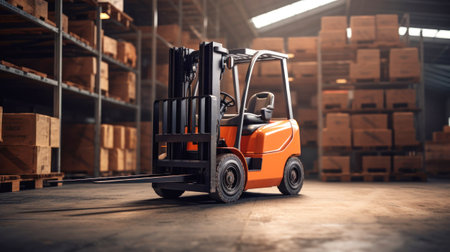 A forklift lifts cargo onto racks in an industrial warehouse. Forklift for warehouse and industryの素材