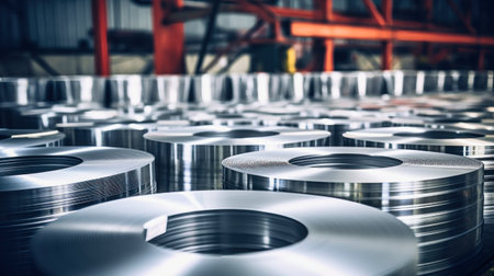 Galvanized steel rolls inside a factory or warehouse. Metallurgical production. Sheet metal for stamping. Selective focusの素材