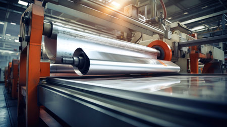 A rolling mill press machine produces a sheet of metal from a block of aluminum. Heavy metal rolling equipment. Selective focus.の素材
