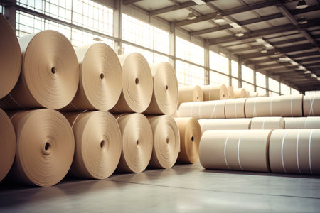 Warehouse for finished products of a paper mill. Large rolls of paper in the workshop. Production of paper and cardboardの素材