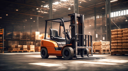 Forklift for transporting and lifting loads. Pallets with boxes and containers in a goods warehouseの素材