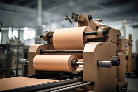 Modern paper production plant. Close-up of industrial equipment. Coated paper and cardboardの素材