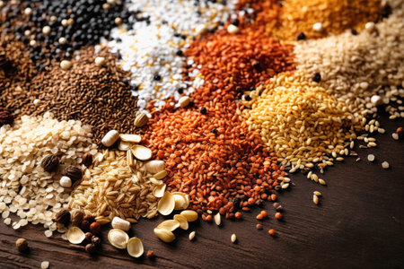 A set of various types of cereals and legumes. Concept of farming and grain expression. Close-up. Healthy eatingの素材