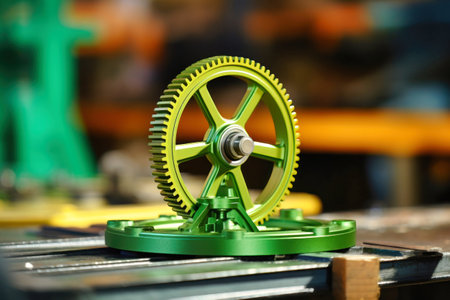 A green machine wheel sitting on top of a table. Modern metal processing at an industrial enterprise. Manufacturing of high-precision parts and mechanisms.の素材