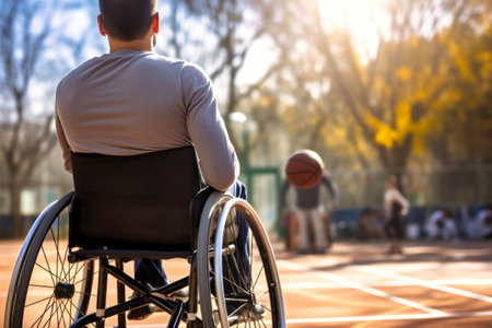 A disabled man in a wheelchair throws a basketball into a basket. Sports for people with disabilities. Active lifestyleの素材