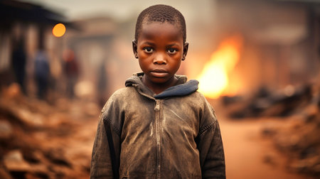 Hungry child from the slums. Poverty and poverty in the world. Dirty beggar boyの素材