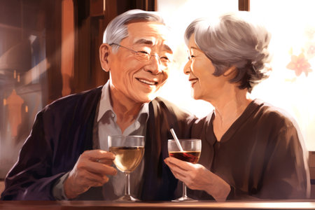 Radiant with love and joy, this charming Japanese senior couple shares heartfelt smiles in a cozy bar, creating a timeless image of happiness and lasting connectionの素材