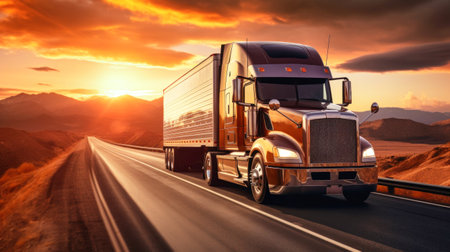 semi-trailer on the highway, highway. sunrise or sunset. The vehicle carries out international cargo transportation. Deserted highway with a truckの素材
