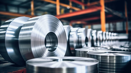 Metallurgical production. Large rolls of shiny aluminum foil or steel. Industrial storage of metal coils. Selective focus.の素材