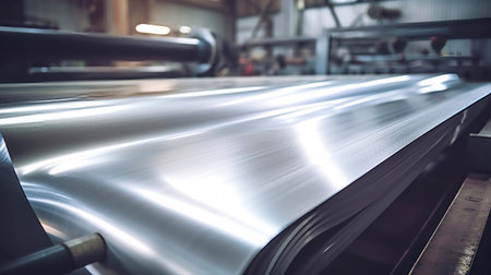 Large aluminum coils. Modern aluminum production machine, business concept and industrial concept. Selective focus. Close-upの素材