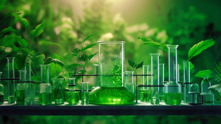 Rack with various laboratory equipment and leaves. Cosmetics laboratory. Flasks and test tubes for studying the properties of plantsの素材