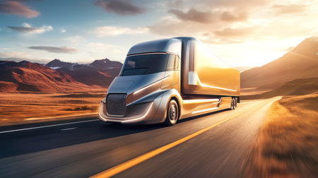 Futuristic semi-trailer on the highway, highway. sunrise or sunset. The electric truck carries out international cargo transportation. Deserted highway with a truckの素材