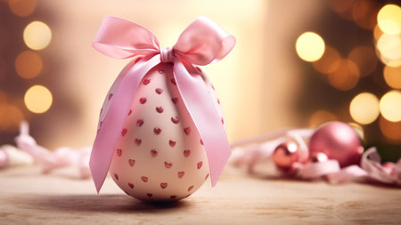 One decorated Easter egg with a pink bow. Happy Easter text. Simple panoramic Easter card designの素材